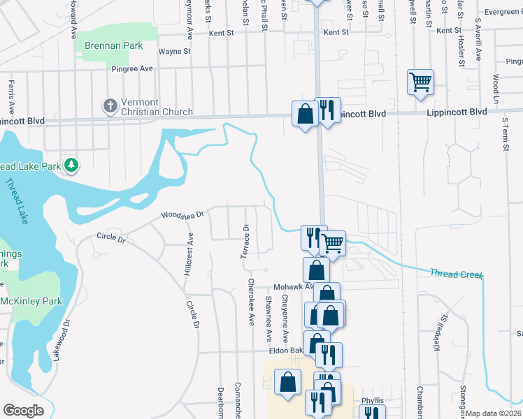 map of restaurants, bars, coffee shops, grocery stores, and more near 1902 Woodslea Drive in Flint