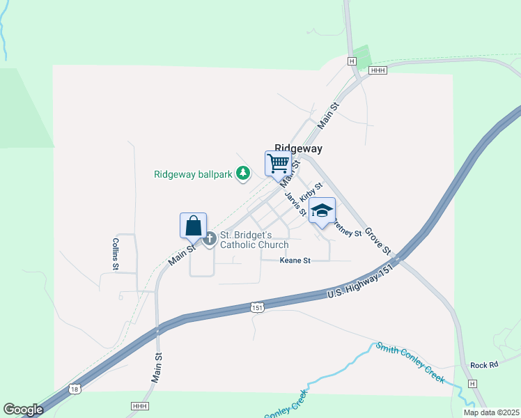 map of restaurants, bars, coffee shops, grocery stores, and more near 609 Main Street in Ridgeway