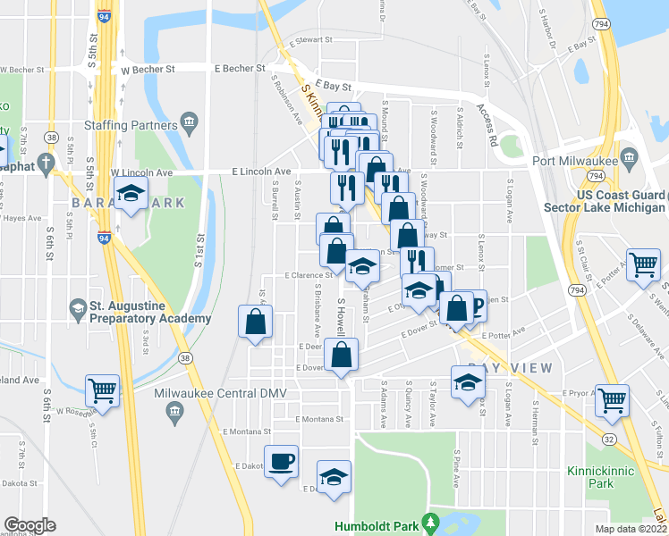 map of restaurants, bars, coffee shops, grocery stores, and more near 2473 South Howell Avenue in Milwaukee