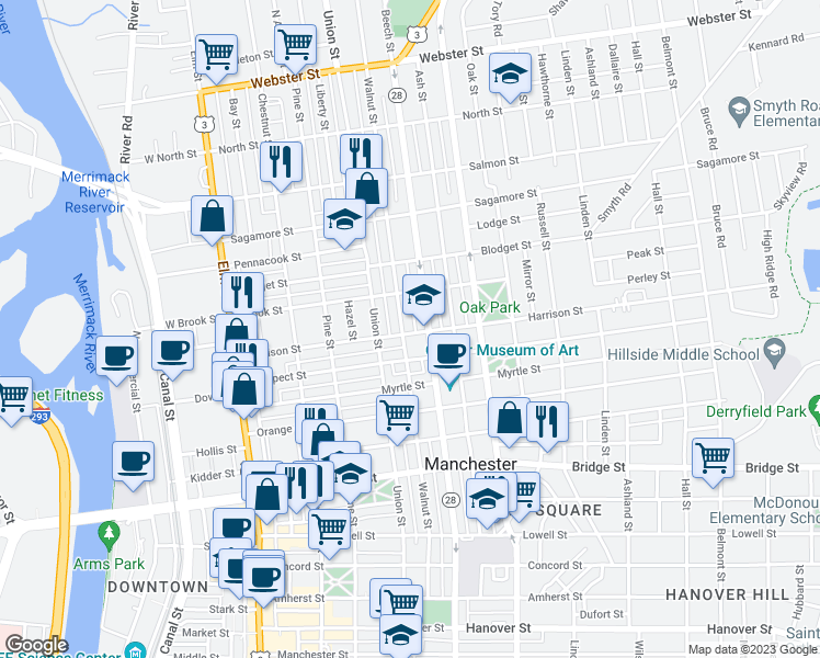 map of restaurants, bars, coffee shops, grocery stores, and more near 698 Beech Street in Manchester