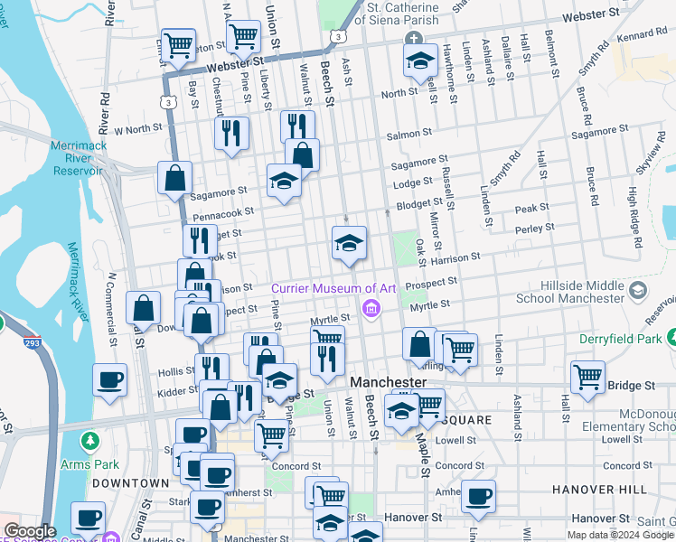 map of restaurants, bars, coffee shops, grocery stores, and more near 191 Walnut Street in Manchester