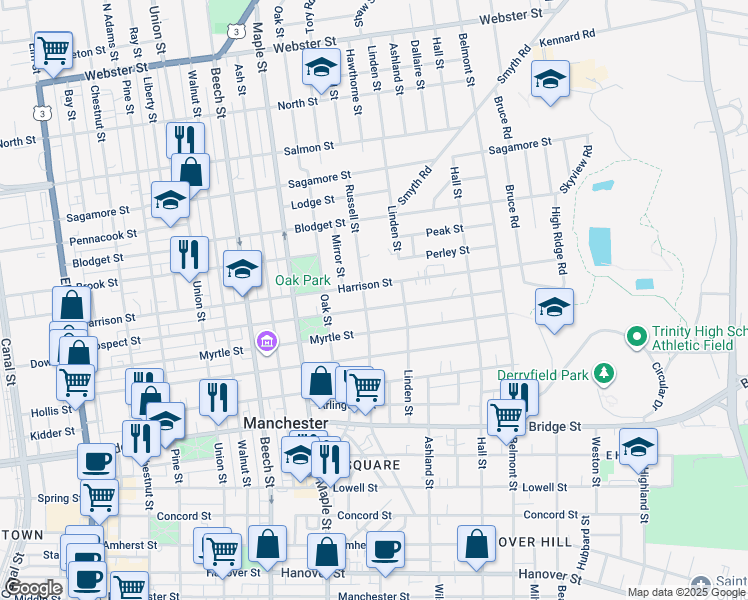 map of restaurants, bars, coffee shops, grocery stores, and more near 85 Russell Street in Manchester