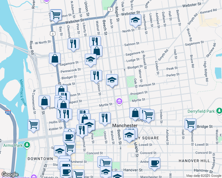 map of restaurants, bars, coffee shops, grocery stores, and more near 698 Beech Street in Manchester