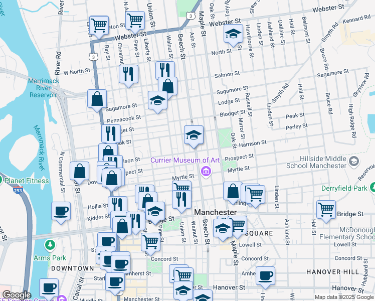 map of restaurants, bars, coffee shops, grocery stores, and more near 698 Beech Street in Manchester