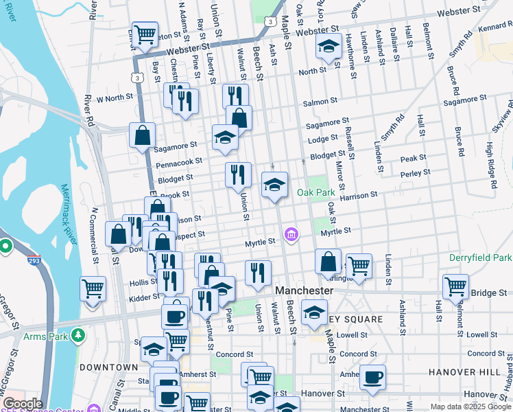 map of restaurants, bars, coffee shops, grocery stores, and more near 694 Union Street in Manchester
