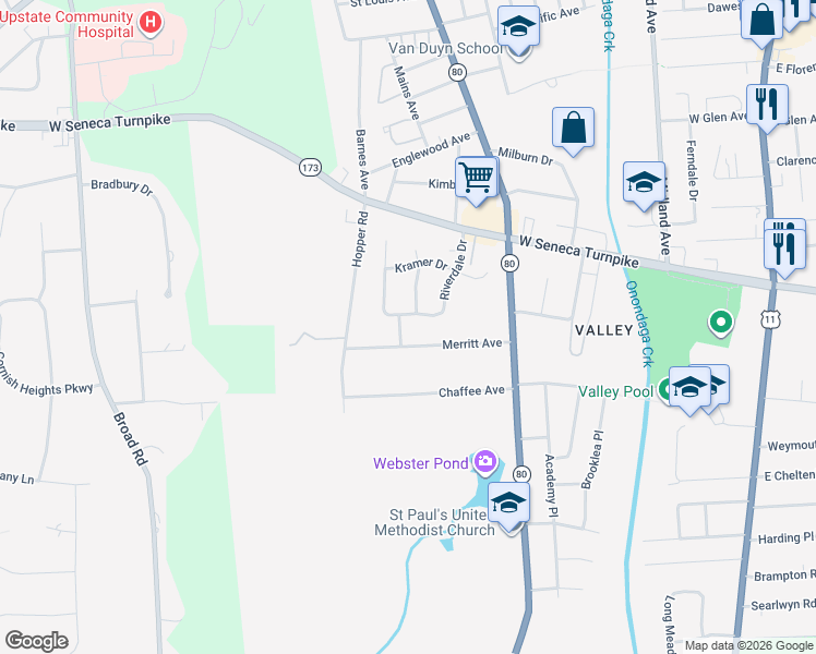 map of restaurants, bars, coffee shops, grocery stores, and more near 188 Merritt Avenue in Syracuse
