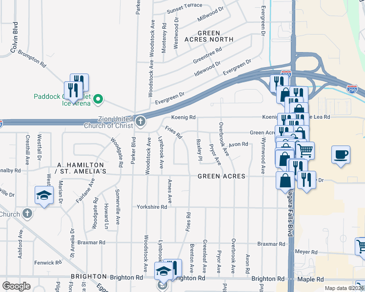 map of restaurants, bars, coffee shops, grocery stores, and more near 310 Green Acres Road in Tonawanda