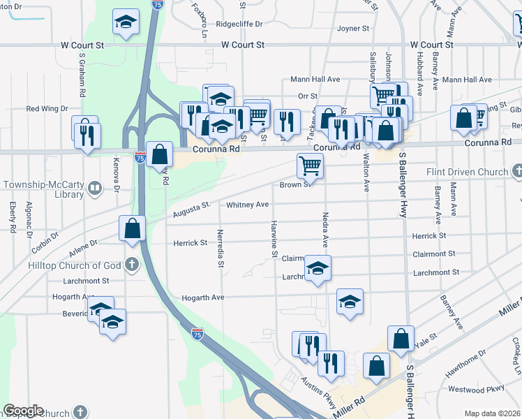 map of restaurants, bars, coffee shops, grocery stores, and more near 3234 Arlene Avenue in Flint