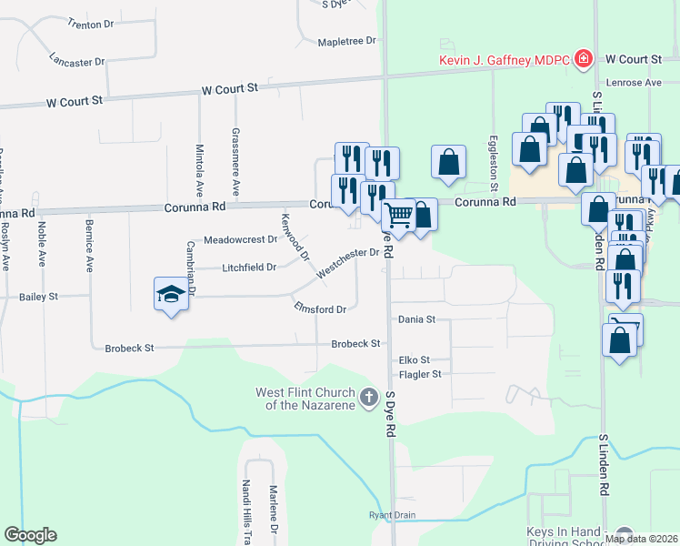 map of restaurants, bars, coffee shops, grocery stores, and more near 2127 Penway Court in Flint