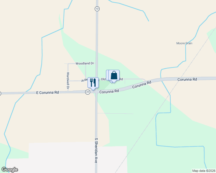 map of restaurants, bars, coffee shops, grocery stores, and more near 12502 Corunna Road in Lennon