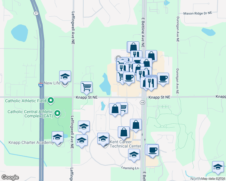 map of restaurants, bars, coffee shops, grocery stores, and more near 3045 Knapp Street Northeast in Grand Rapids