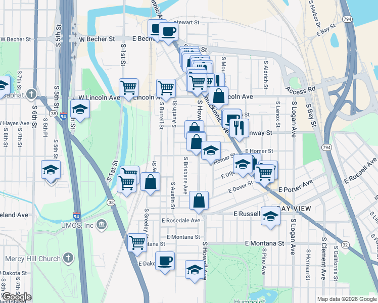 map of restaurants, bars, coffee shops, grocery stores, and more near 327 East Clarence Street in Milwaukee