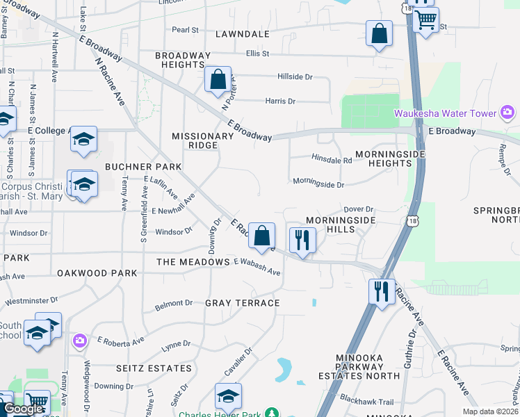 map of restaurants, bars, coffee shops, grocery stores, and more near W231S2574 East Racine Avenue in Waukesha