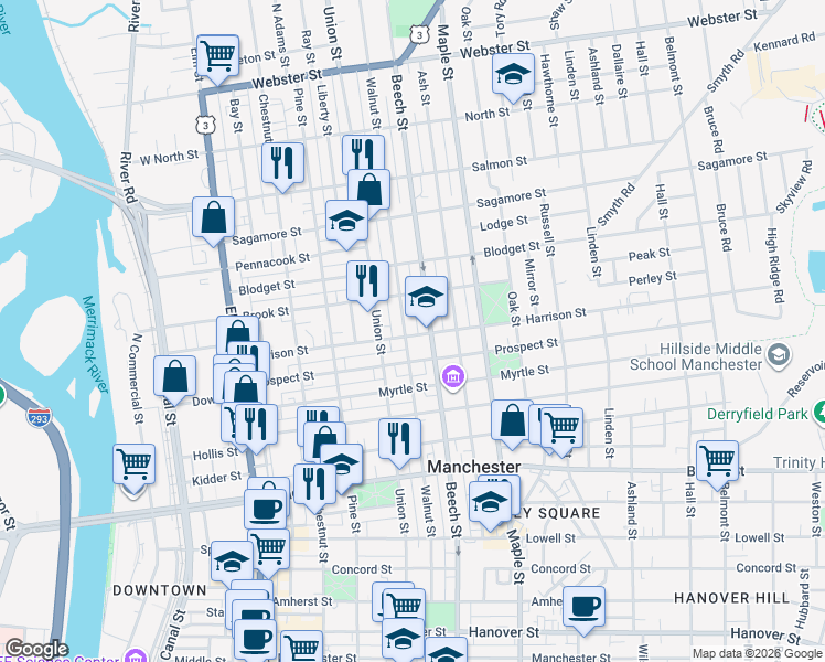 map of restaurants, bars, coffee shops, grocery stores, and more near 698 Beech Street in Manchester