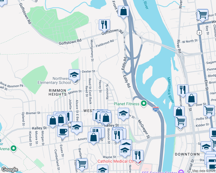 map of restaurants, bars, coffee shops, grocery stores, and more near 66 Mason Street in Manchester