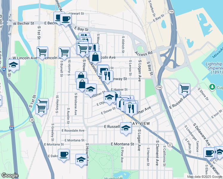 map of restaurants, bars, coffee shops, grocery stores, and more near E Homer St & S Woodward St in Milwaukee