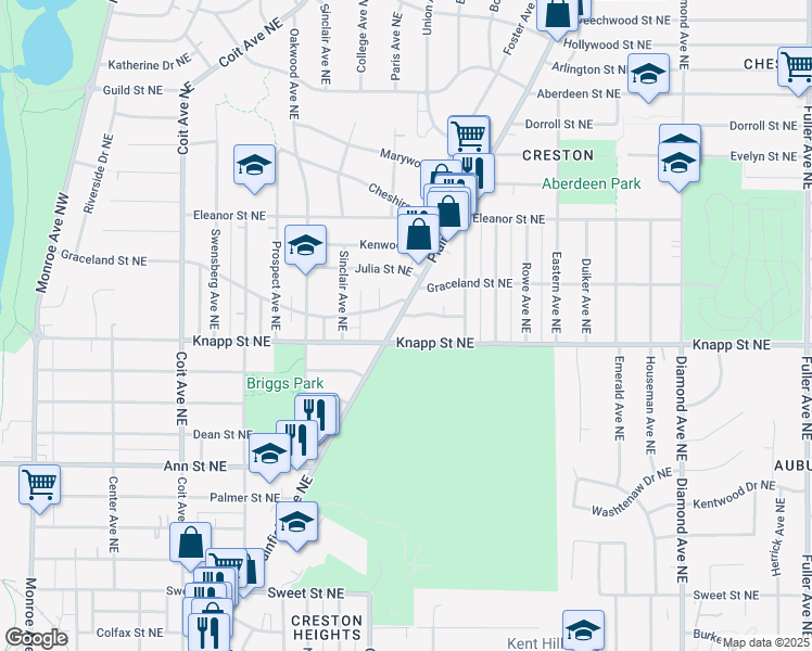map of restaurants, bars, coffee shops, grocery stores, and more near 508 Woodridge Street Northeast in Grand Rapids