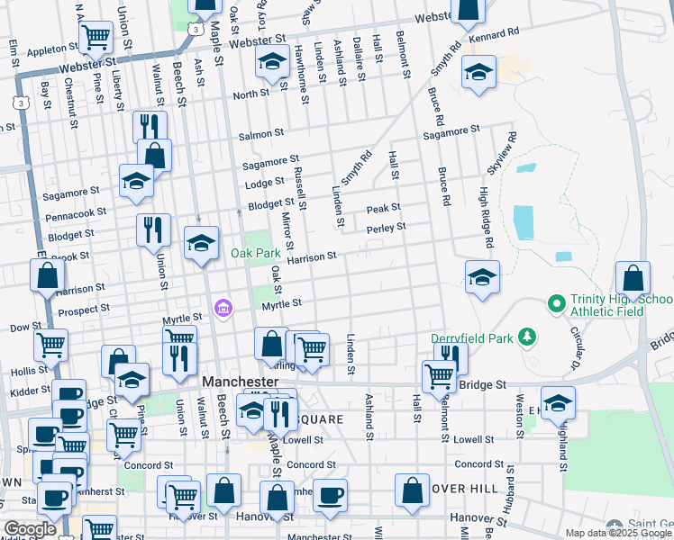 map of restaurants, bars, coffee shops, grocery stores, and more near 316 Myrtle Street in Manchester