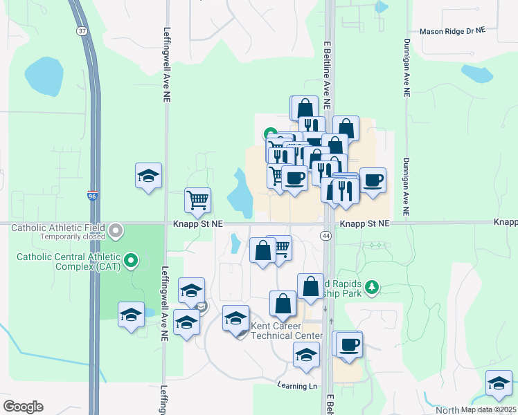 map of restaurants, bars, coffee shops, grocery stores, and more near 3045 Knapp Street Northeast in Grand Rapids
