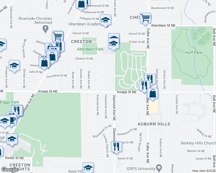 map of restaurants, bars, coffee shops, grocery stores, and more near 2020 Houseman Avenue Northeast in Grand Rapids