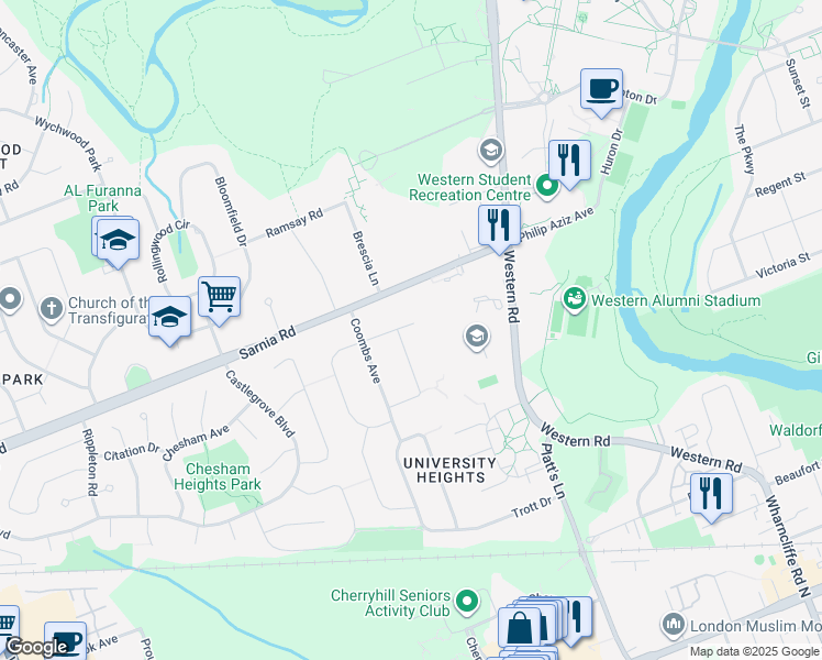 map of restaurants, bars, coffee shops, grocery stores, and more near 63 Ford Crescent in London