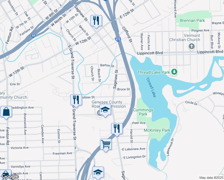 map of restaurants, bars, coffee shops, grocery stores, and more near 108 East Tobias Street in Flint