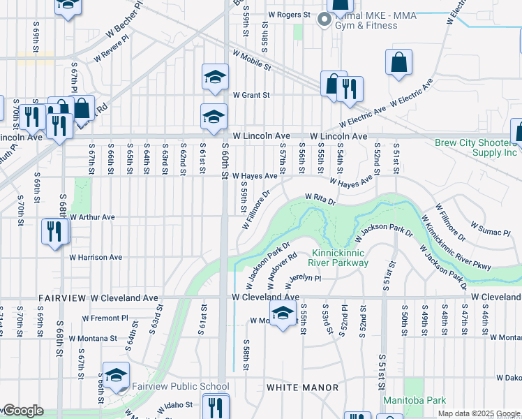 map of restaurants, bars, coffee shops, grocery stores, and more near 5847 West Fillmore Drive in West Allis