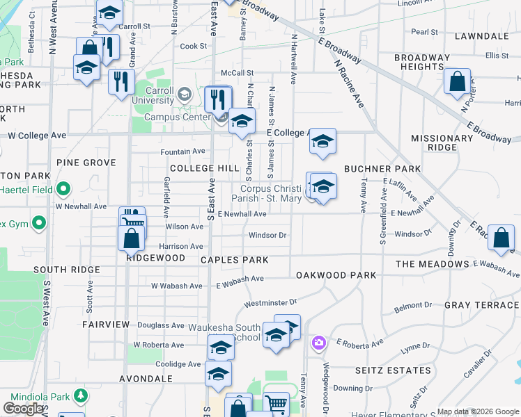 map of restaurants, bars, coffee shops, grocery stores, and more near 313 East Newhall Avenue in Waukesha