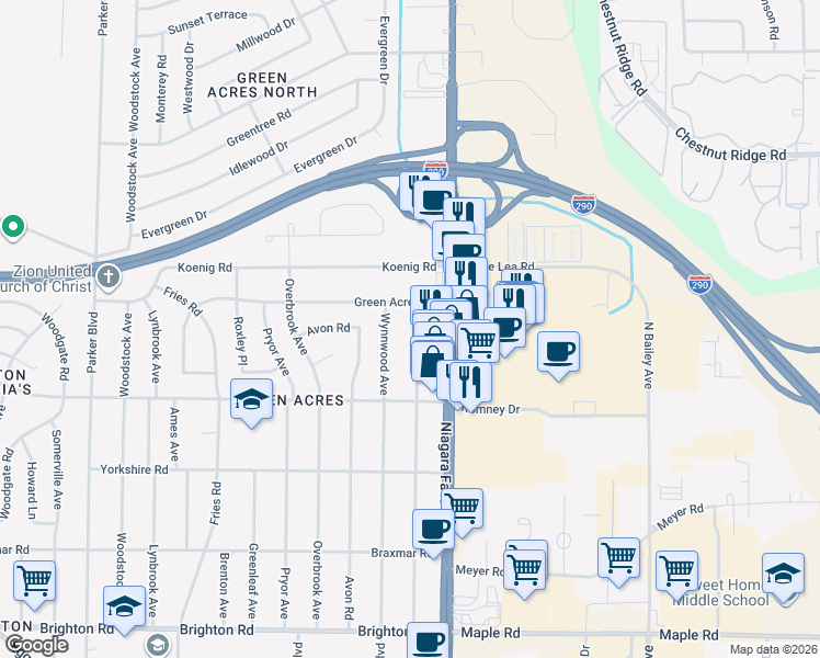 map of restaurants, bars, coffee shops, grocery stores, and more near 295 Glenhurst Road in Tonawanda