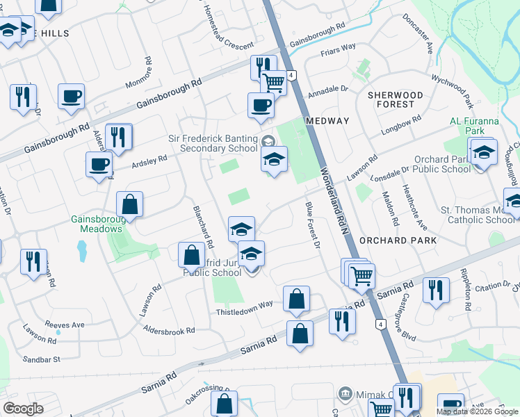 map of restaurants, bars, coffee shops, grocery stores, and more near 925 Lawson Road in London