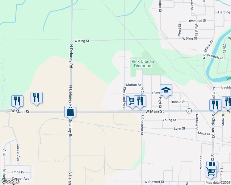 map of restaurants, bars, coffee shops, grocery stores, and more near 219 Cleveland Avenue in Owosso
