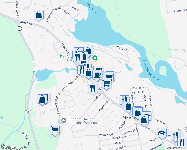 map of restaurants, bars, coffee shops, grocery stores, and more near 594 Mast Road in Manchester