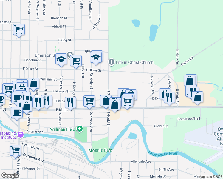 map of restaurants, bars, coffee shops, grocery stores, and more near 210 North Gould Street in Owosso