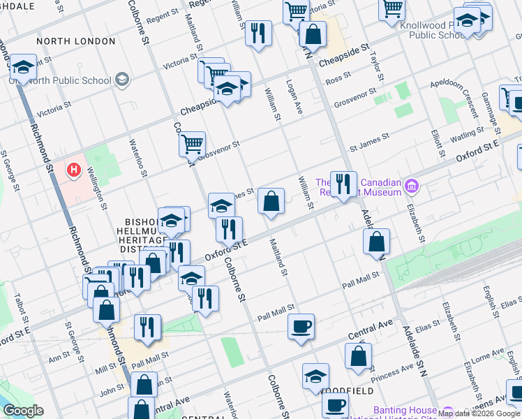 map of restaurants, bars, coffee shops, grocery stores, and more near Maitland Street in London