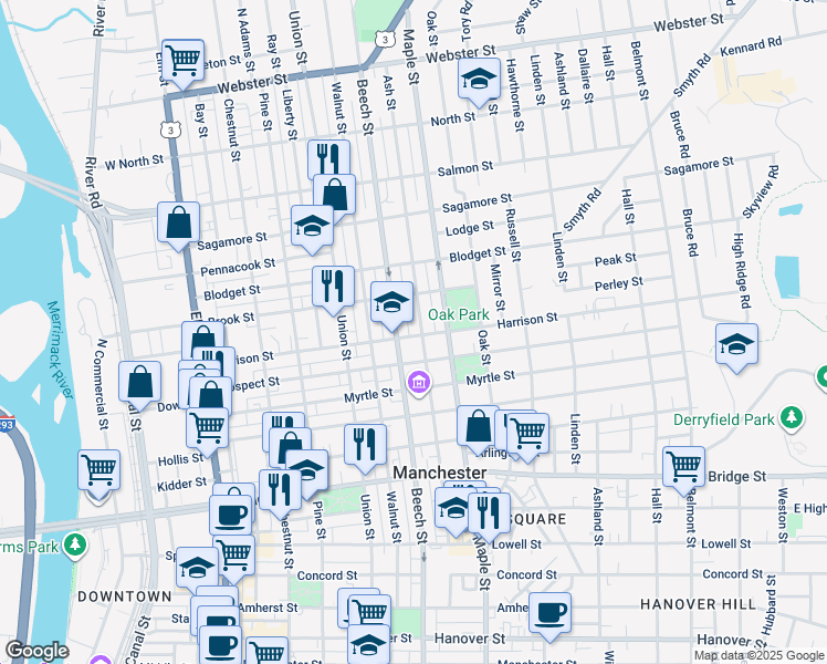 map of restaurants, bars, coffee shops, grocery stores, and more near 152 Harrison Street in Manchester