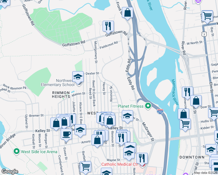 map of restaurants, bars, coffee shops, grocery stores, and more near 66 Mason Street in Manchester
