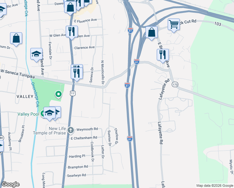 map of restaurants, bars, coffee shops, grocery stores, and more near 102 Snell Terrace in Syracuse