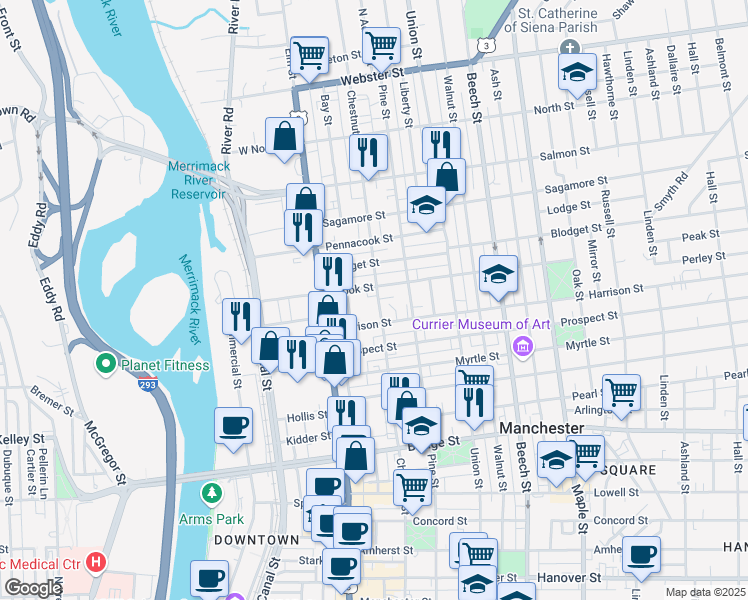 map of restaurants, bars, coffee shops, grocery stores, and more near 597 Chestnut Street in Manchester