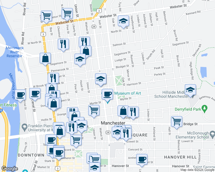 map of restaurants, bars, coffee shops, grocery stores, and more near 202 Ash Street in Manchester