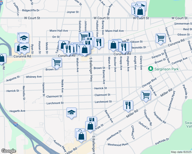 map of restaurants, bars, coffee shops, grocery stores, and more near 1501 South Ballenger Highway in Flint