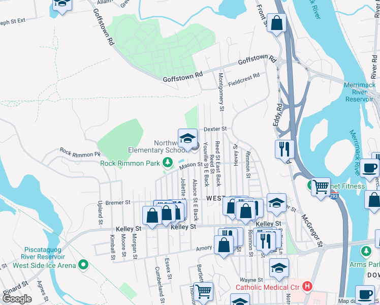 map of restaurants, bars, coffee shops, grocery stores, and more near 300 Youville Street in Manchester