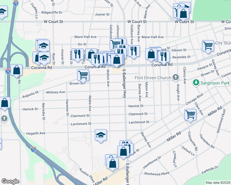 map of restaurants, bars, coffee shops, grocery stores, and more near 3701 Whitney Avenue in Flint