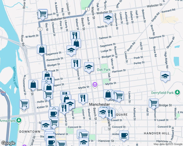 map of restaurants, bars, coffee shops, grocery stores, and more near 183 Ash Street in Manchester