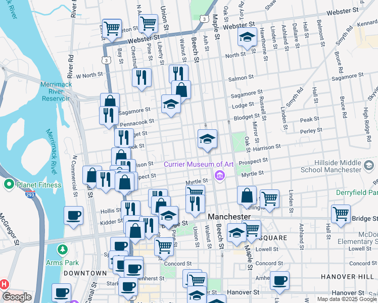 map of restaurants, bars, coffee shops, grocery stores, and more near 694 Union Street in Manchester