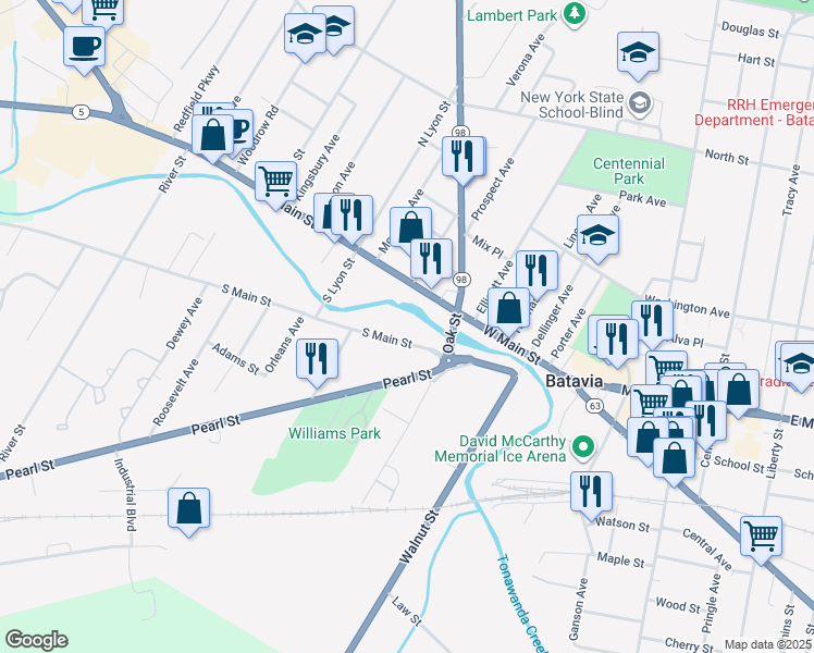 map of restaurants, bars, coffee shops, grocery stores, and more near 45 South Main Street in Batavia