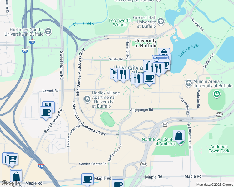 map of restaurants, bars, coffee shops, grocery stores, and more near Putnam Way in Buffalo