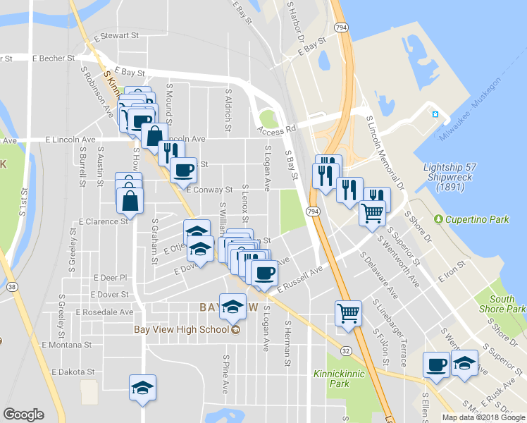 map of restaurants, bars, coffee shops, grocery stores, and more near 2521 South Logan Avenue in Milwaukee