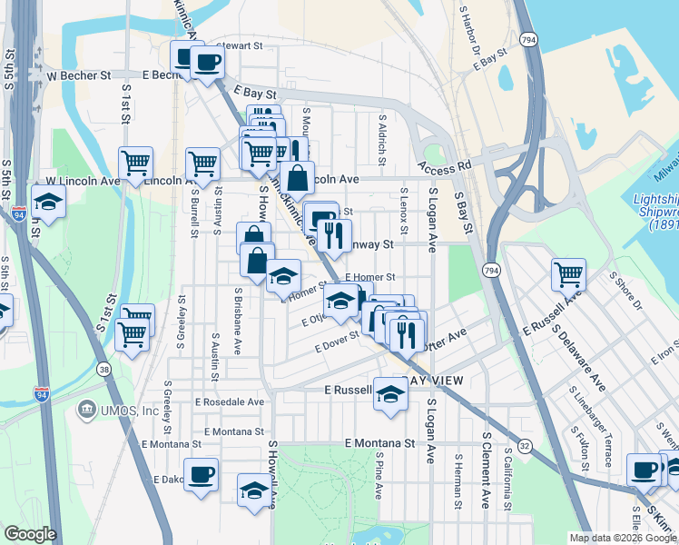 map of restaurants, bars, coffee shops, grocery stores, and more near 2513 South Kinnickinnic Avenue in Milwaukee