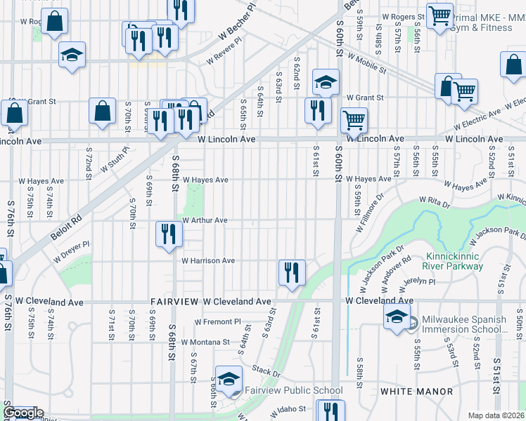 map of restaurants, bars, coffee shops, grocery stores, and more near 6301 West Arthur Avenue in West Allis
