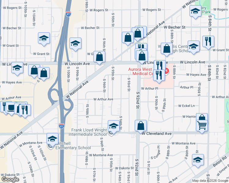 map of restaurants, bars, coffee shops, grocery stores, and more near 2482 South 95th Street in West Allis